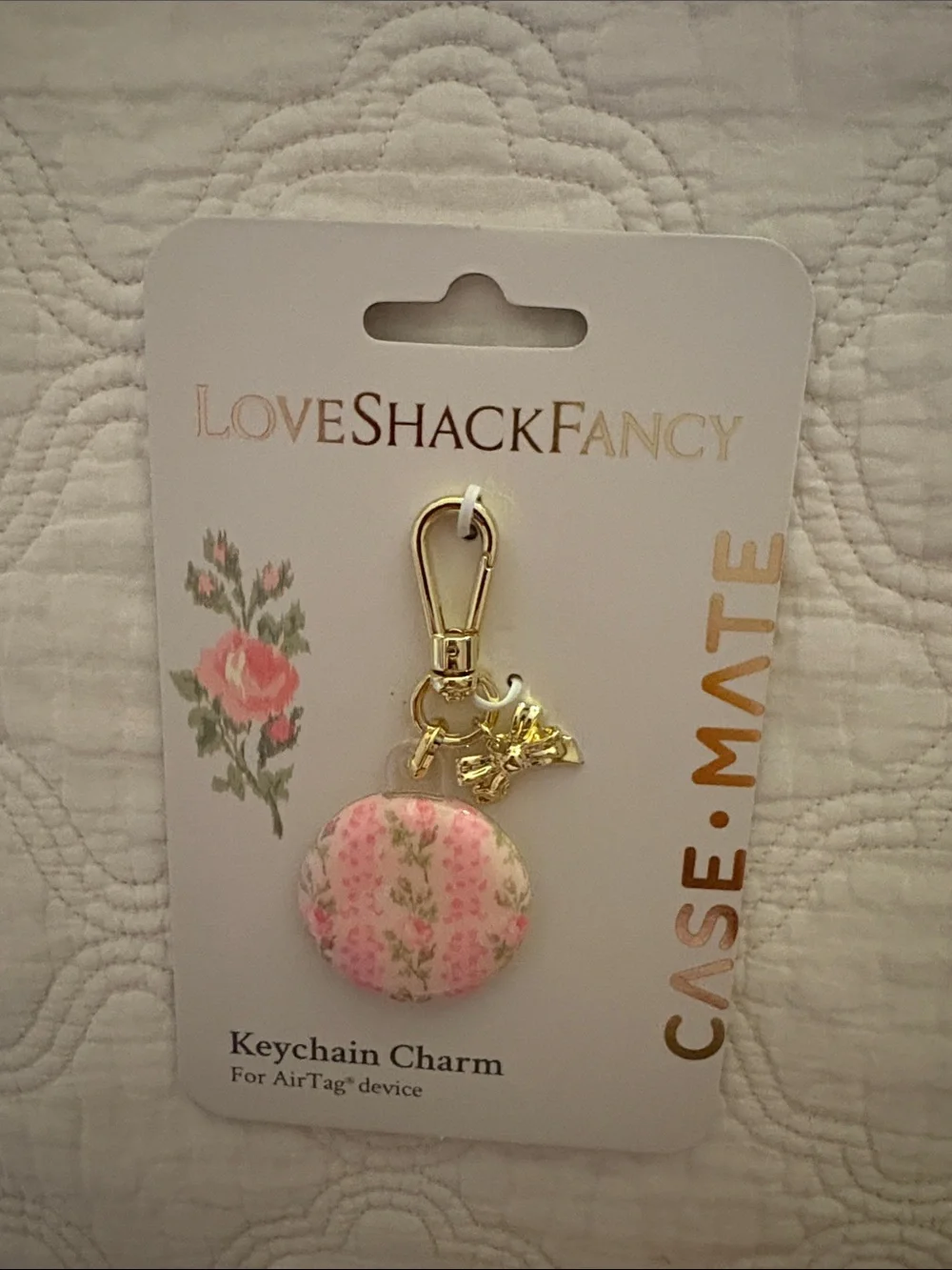 LoveShackFancy Pink Floral Keychain Charm with Gold Hardware